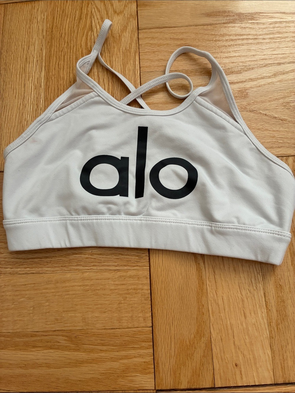 ALO Yoga White Sports Bra with Black Logo